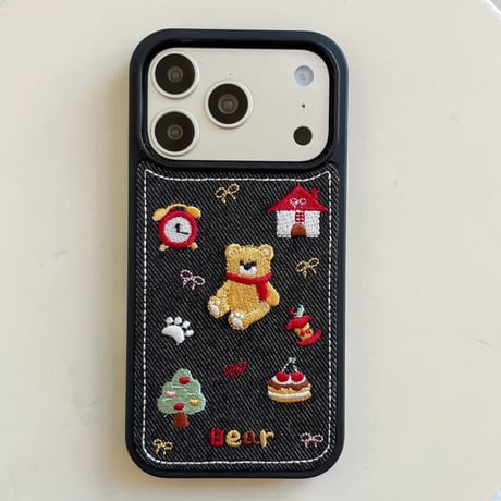 CUTECASE 刺繡熊ちゃん iPhone17Pro/17ケース デニム素材 iPhone17ProMax/16Pro/15カバー 可愛すぎ オシャレ 秋冬ファッション CM5972