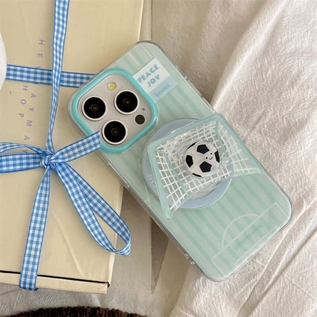 CUTECASE磁気二重層グリーンストライプフットボールネットブラケットiphone16PromaxケースiPhone16case C6031
