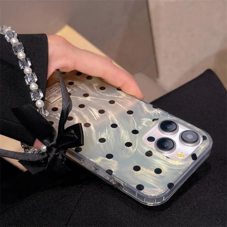 CUTECASE水玉模様 iPhone15/15proケース リボンストラップ付 iPhone14/13pro/12proカバー かわいい キラキラ 女子力UP CM4004