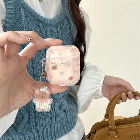 CUTECASE熊 Airpods 4ケース キーチェーン付 Airpods3/Pro2ケース airpodsproカバー めっちゃ可愛い うねうねCM5118