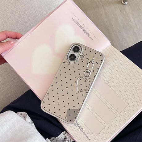 CUTECASEハート柄 ミラーiPhone16pro/16ケース ハートチャーム iphone15pro/14/13proカバー 大人可愛い シルバーCM5172