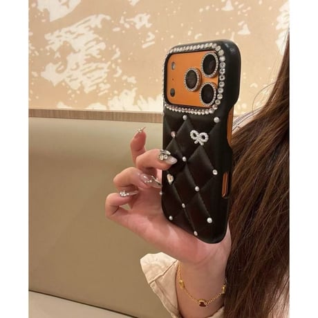 CUTECASEダイヤ/リボンデコ iPhone17ProMax/17Proケース キルティングレザー iPhone17/16Pro/15ケース セレブ愛用 高透明CM5737