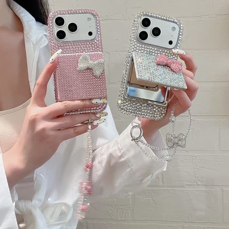 CUTECASEダブルミラースタンドiPhone17Promaxケース ダイヤデコ iPhone16Pro/15Pro/14ProMaxケース リボン ストラップ 贅沢CM6379