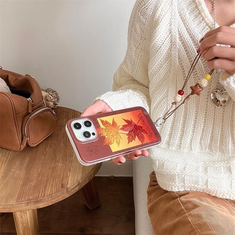 CUTECASE紅葉 iphone16/16proカバー オシャレストラップ iphone15pro/14/13ケース 秋冬に流行る CM4968