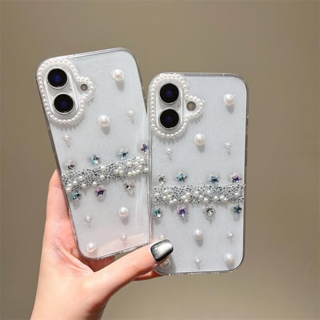 CUTECASEハンドメイド iPhone16plus/16proケース パール/ダイヤデコ iPhone15/14/13promaxカバー 高透明 かわいい 女子力高い CM5360