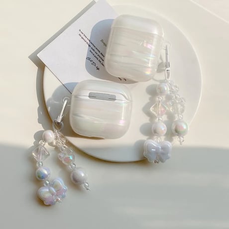 CUTECASE キラキラ感シェル柄 Airpods Pro3ケース リボンキーホルダー Airpods 4/3カバー AirpodsPro2/1 大人可愛い きれいCM6312