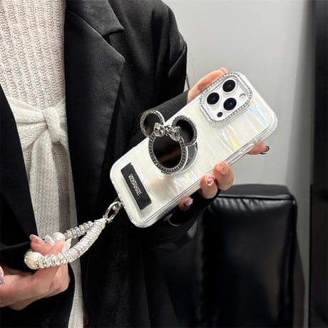 CUTECASE ダイヤ鏡スタンド iPhone17/17proケース シェル柄 iPhone16pro/15/14proカバー レンズカバー ストラップ 多機能高級感 CM5622