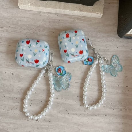 CUTECASE 花柄 Airpods Pro3ケース 蝶パールストラップ Airpods 4/3カバー AirpodsPro2/1 存在感ある 春コーデ CM6134