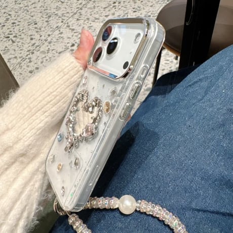 CUTECASEハート型ミラー iPhone17/17Proケース ダイヤデコ iPhoneAir/17ProMaxケース ジュエリーストラップ 女子力アップ CM5716