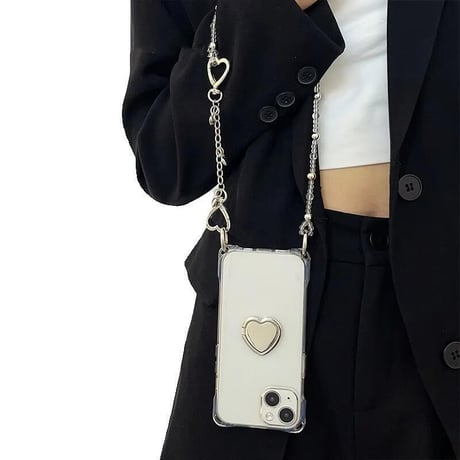 CUTECASEハート鏡リング付 iPhone16pro/16ケース 高級感ショルダーチェーン クリアiPhone15promax/14/13カバー 多機能 スタンド付 黄ばまないCM5041