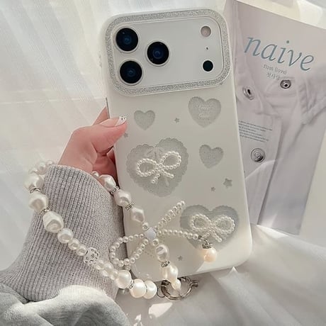 CUTECASEパールリボン iPhone17/17proケース ホワイト ラメ入り iPhone17promax/16/15Proカバー パールストラップ 可愛すぎCM5807
