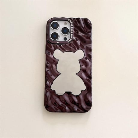 CUTECASE クマちゃんミラー iPhone17/16proケース ジュエリーデコ 波紋 iPhone15pro/14/13カバー メイク直し 可愛いCM5591