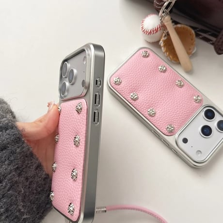 CUTECASE 金属ツバキ花 iPhone17/17proケース 高級感 レザー iPhone17promax/16/15Proカバー ストラップ 秋冬ファッションCM5802