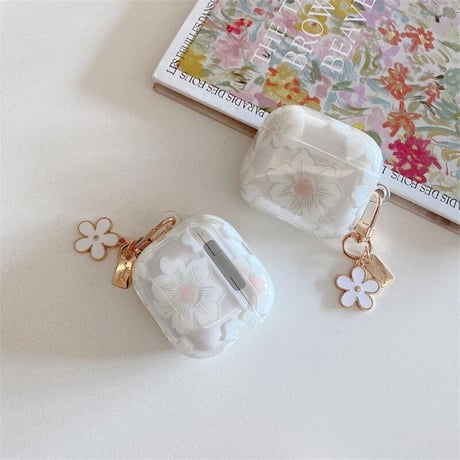 CUTECASE春夏 Airpods4ケース 白花柄 Airpods3/Pro2ケース airpodspro2カバー 花キーチェーン付 女子力高い 淡色系CM5204