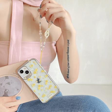 CUTECASE黄色薔薇柄 iPhone15/15proケース ストラップ付 iPhone14/13pro/12promaxケース かわいい きれいCM4471