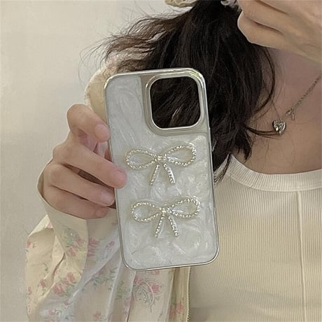 CUTECASE 流行の要素ジュエリーリボン iPhone16/15proケース ホワイト iPhone14/13proケース かわいい 女子力アップ 高級感CM4120
