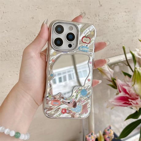 CUTECASE 犬ちゃんミラー iPhone16pro/16ケース シルバー iPhone15pro/14/13promaxカバー 大人可愛い メイク直し鏡CM5522