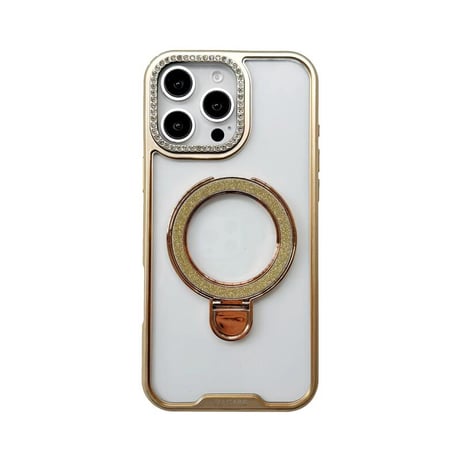 CUTECASEキラキラリングスタンド iPhone17Pro/16カバー ジュエリーデコ iPhone15promax/14proカバー メタルカラー 黄ばまないCM5571