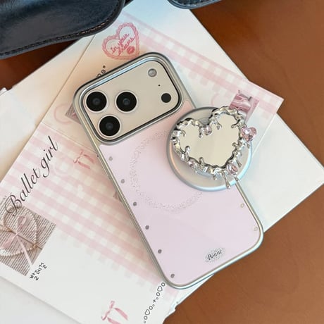 CUTECASE ハート型ミラーグリップ iPhone17Pro/17ケース ワイヤレス充電 ピンク iPhone17ProMax/16Pro/15カバー かわいい 女子力アップ CM6355
