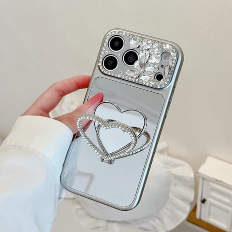 CUTECASE ハート型ミラーリングスタンド iPhone17Pro/17ケース ダイヤデコ iPhone16Pro/15/14ケース キラキラ感 可愛い 美しいCM6267