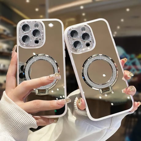 CUTECASE ミラー iPhone17Pro/17ケース 鏡スタンドリング付 iPhone17ProMax/16Pro/15カバー キラキラカメラカバー付 艶感 オシャレ CM5934