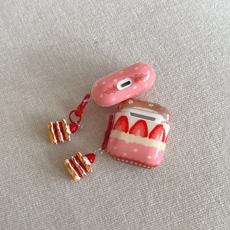 CUTECASE イチゴ柄 Airpods 4/Pro3ケース ケーキキーホルダー付 Airpods 3カバー AirpodsPro2/1 美味しそう 可愛すぎ CM6073
