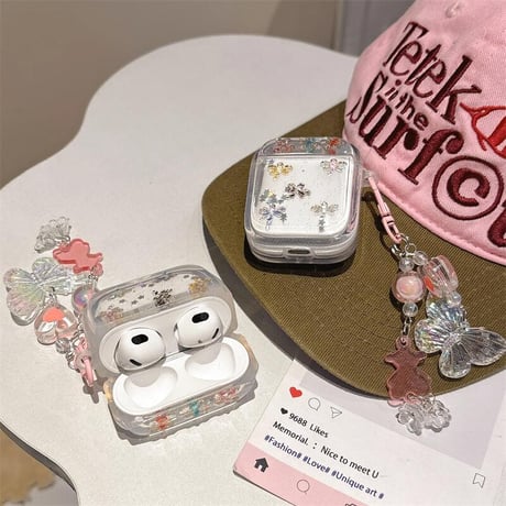 CUTECASEカゲロウ Airpods 4ケース 蝶キーチェーン付 かわいい Airpods3/Pro2ケース airpodsproカバー キラキララメ ギフトにおすすめCM5226