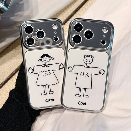 CUTECASE カップルペア iPhone17pro/17ケース 男の子/女の子 iPhone16/15pro/14ケース 鏡付カメラカバー メッキCM6047