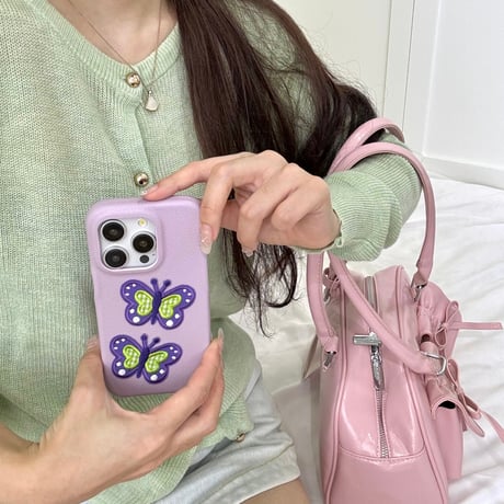 CUTECASE革刺繍蝶デザインiphone15proケースC6029
