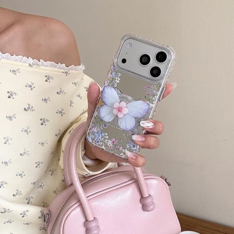 CUTECASE 草花柄ミラー iPhone17pro/17ケース 蝶グリップ iPhone16promax/15proケース かわいい 便利 女子力高いCM6164