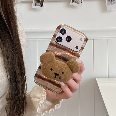 CUTECASE 熊グリップ iPhone17/17Proケース シック縞模様 アイフォン16ProMax/15Pro/14カバー スタンド機能 可愛いCM5912