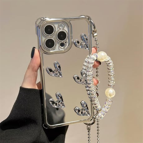 CUTECASEハート付ミラー iPhone16Promax/16proケース バックチャーム/ショルダーストラップ付 iPhone15pro/14/13カバー 便利人気 おしゃれCM5441