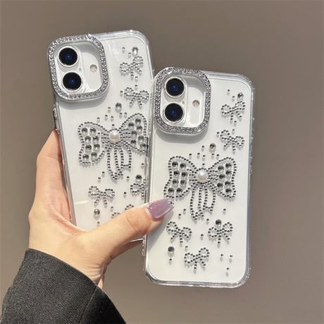 CUTECASEハンドメイド iPhone16pro/16plusケース ダイヤリボンデコ iPhone15promax/14/13カバー オシャレ キラキラCM5456