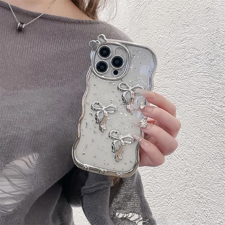 CUTECASEリボン iphone16/16proケース キラキラグリッター iphone15pro/14/13/12/11カバー うねうね 女子力アップ ガールズに大人気 頑丈CM4906