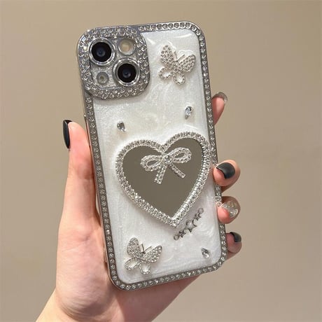 CUTECASE リボンミラー iPhone16pro/16ケース 蝶々 ストーン iPhone15pro/14/13promaxカバー 可愛い 大人ガーリーに人気CM5495