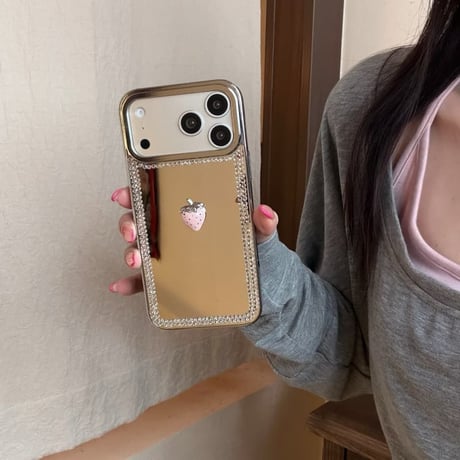 CUTECASE ダイヤデコミラー iPhone17Pro/17ケース 花/いちご ハンドメイド iPhone16Pro/15/14ケース 存在感ある 頑丈 人気品CM6178