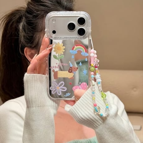 CUTECASE ワンちゃんミラー iPhone17pro/17ケース 可愛いストラップ iPhone16/15pro/17promaxケース 日常/旅行に合う 女子力高いCM6304