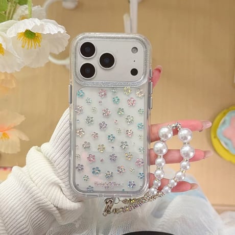 CUTECASE キラキラ花 iPhone17pro/17ケース ラメ入り iPhone16/15proケース 可愛いパールストラップ 女子力高いCM6160