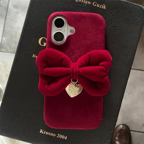 CUTECASEリボン iphone16Pro/15ケース ワインレッド パイル織物 iPhone14pro/13/12/11カバー 秋冬アイテム 女子力UP 頑丈CM4890