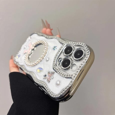 CUTECASE 可愛い鏡付 iPhone16pro/16ケース パール/ジュエリー iPhone15/14pro/13promax/12カバー うねうね おしゃれCM5271