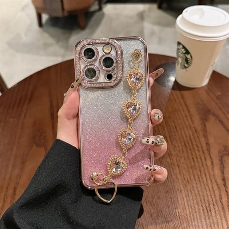 CUTECASEビジュー iPhone16/16proケース ハートダイヤチェーン iPhone14Pro/13/12proカバー キラキラ 女子力高い CM4634