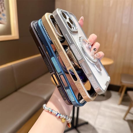 CUTECASEキラキラリングスタンド iPhone17Pro/16カバー ジュエリーデコ iPhone15promax/14proカバー メタルカラー 黄ばまないCM5571