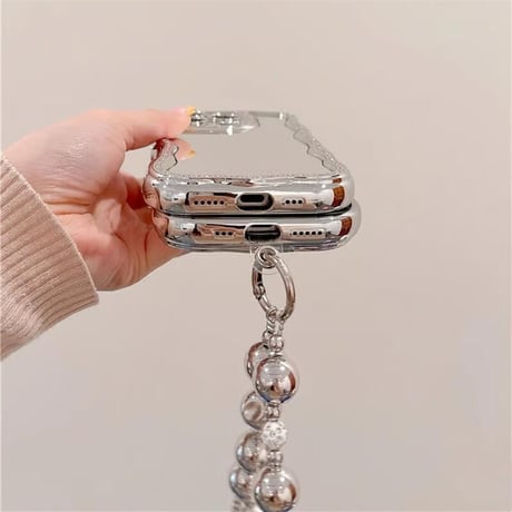 CUTECASEジュエリー鏡付 iPhone16pro/16ケース ビーズチェーンストラップ アイフォン15pro/14/13proケース 大人可愛い 女子力UP メイク直しに便利CM5194