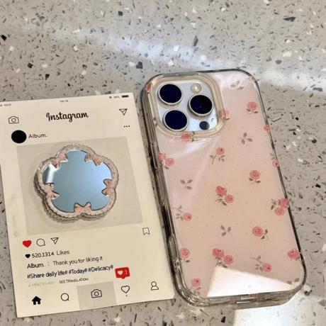 CUTECASE花鏡付 iPhone16/16proケース 薔薇柄 ストラップ付 アイフォン15pro/14/13proケース 大人可愛い 女子力UP 多機能CM5108