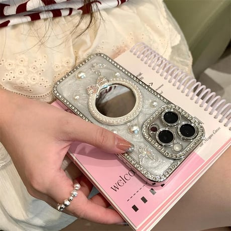 CUTECASE パールリボンミラー iPhone16/17proケース セレブ愛用エレガント iPhone15promax/14/13proカバー ジュエリーデコ ガールズファッション CM5636