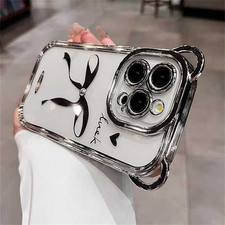 CUTECASE耳付 リボン柄 iPhone15Pro/15カバー キラキラインナーシート付 透明アイフォン14pro/13ケース チェーン付CM4422