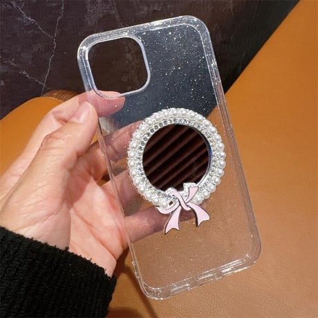 CUTECASE パール鏡付 iPhone15pro/15promaxケース キラキララメ入り iPhone14pro/13promaxケース 黄ばまない 可愛い C4264