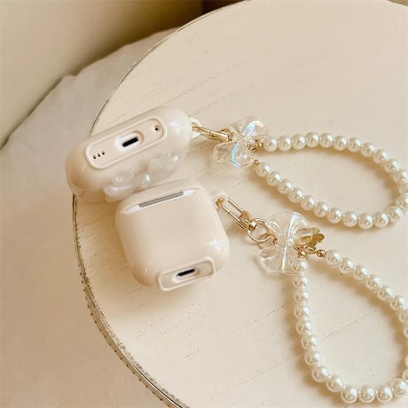 CUTECASE 立体リボン Airpods4ケース パールストラップ付 AirpodsPro2ケース airpods3/2カバー 高級感 淡色系 ベージュ色 CM5287