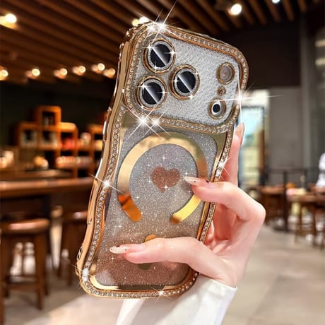 うねうねジュエリーライン iPhone17Pro/17ケース MagSafe対応 ハート柄 iPhone16/15/14ケース ラグジュアリー感 メタリックカラー レンズ保護CM6311