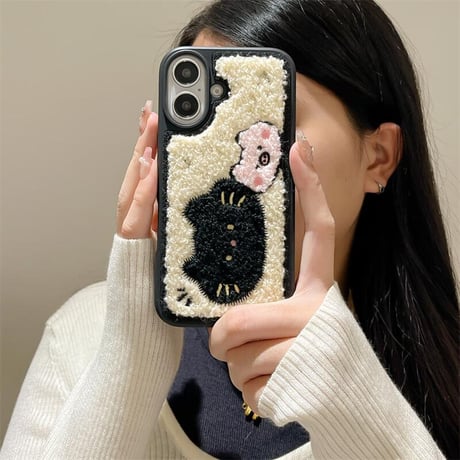 CUTECASE毛織物 iPhone16Pro/16ケース 刺繡 猫 iPhone15Pro/14Promax/13カバー 耐衝撃 頑丈 ギフトに最適 CM4811